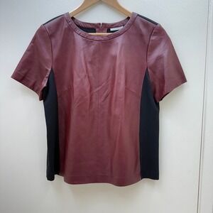Halogen Nordstrom Leather Top Womens M Burgundy‎ Black Panel Short Sleeve Career